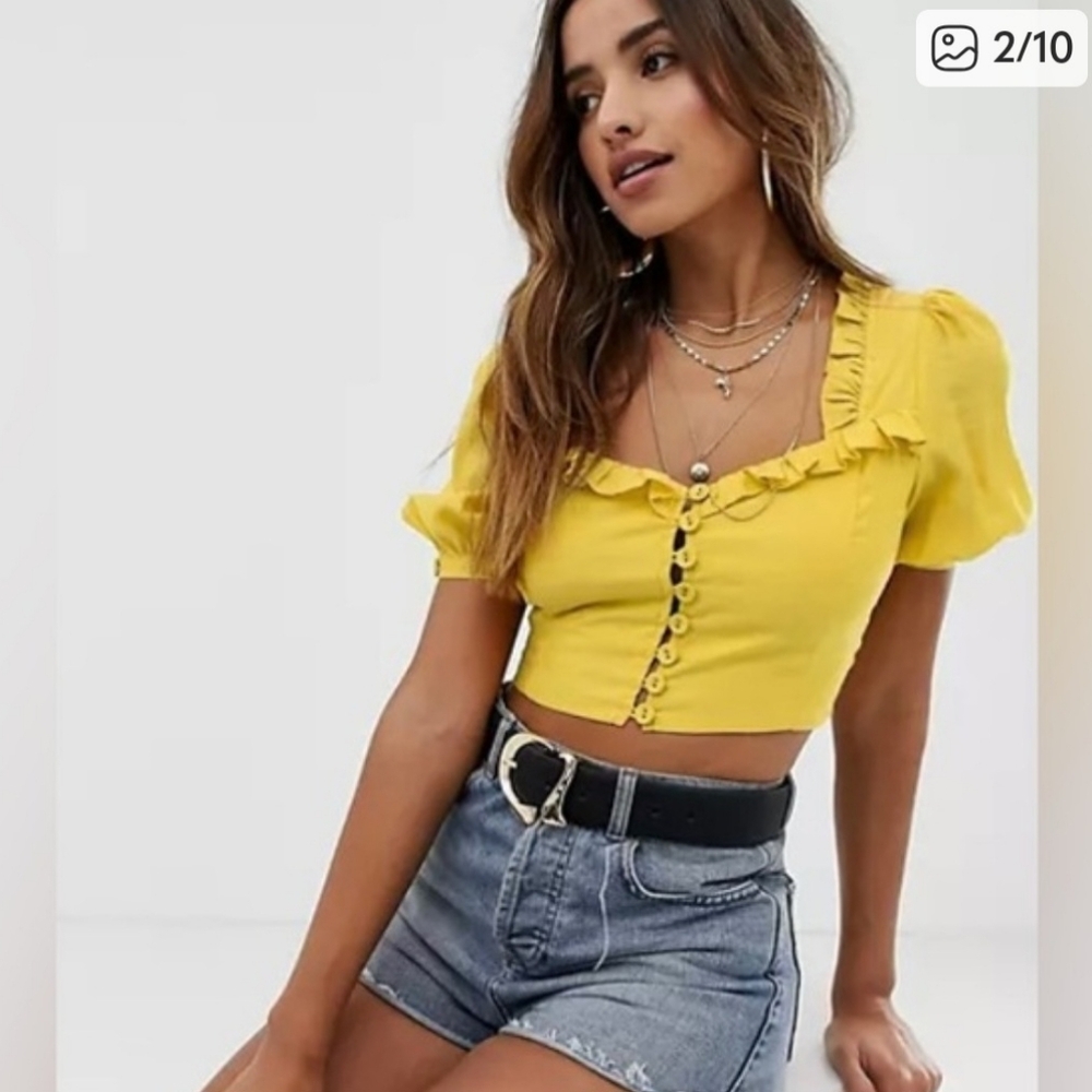 Skylar Rose Crop Top With Ruffle Hem Open Tie Back Yellow New With Tags M